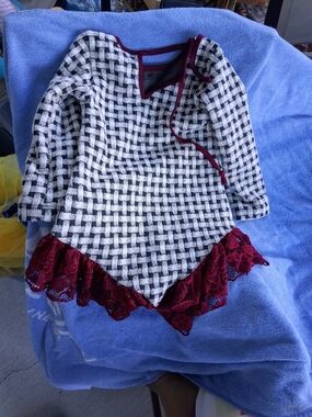 Girls Black & White Woven Top with Burgundy Lace Trim